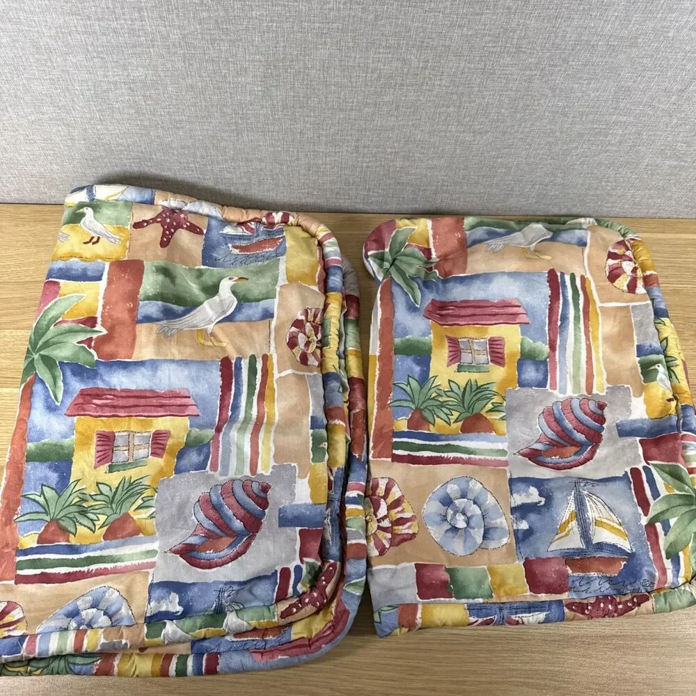 Vtg Coastal Patchwork Pillow Shams Pair Queen 30x20 Nautical Beach
